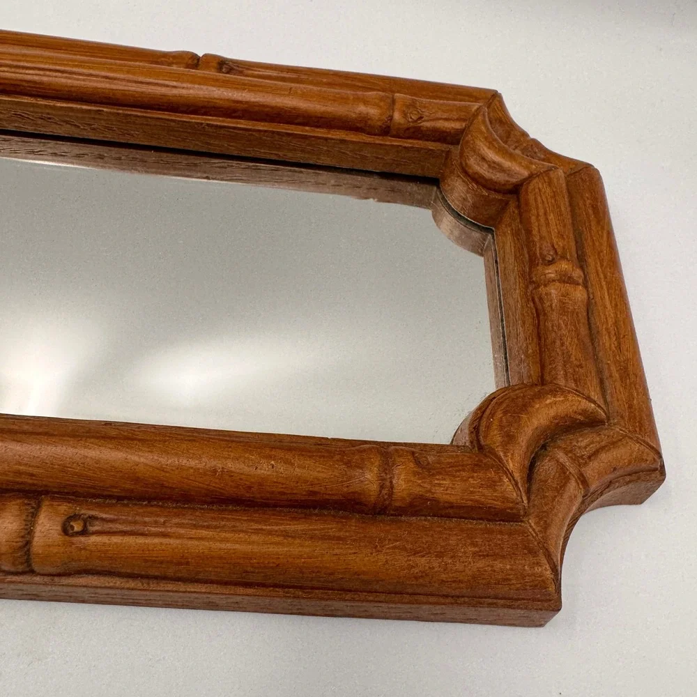 Vintage Hollywood Regency Faux Bamboo Wall Mirror Brown Chinoiserie 14x5.5 inch